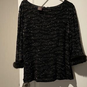 MARINA Black Sequin Top with Faux Fur Accents